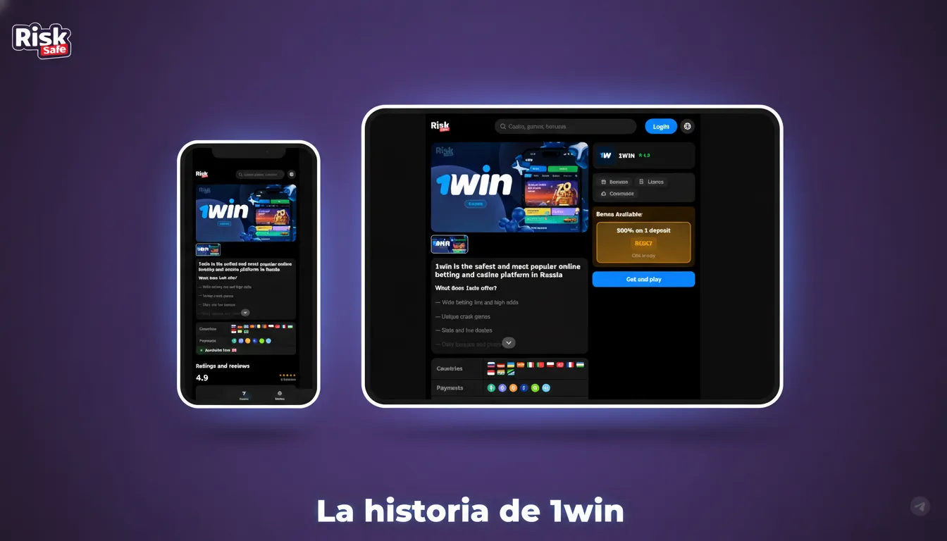 Infografía de la historia de 1win: desde finales de 2010, licencia internacional, expansión LATAM, soporte 24/7 y promos.