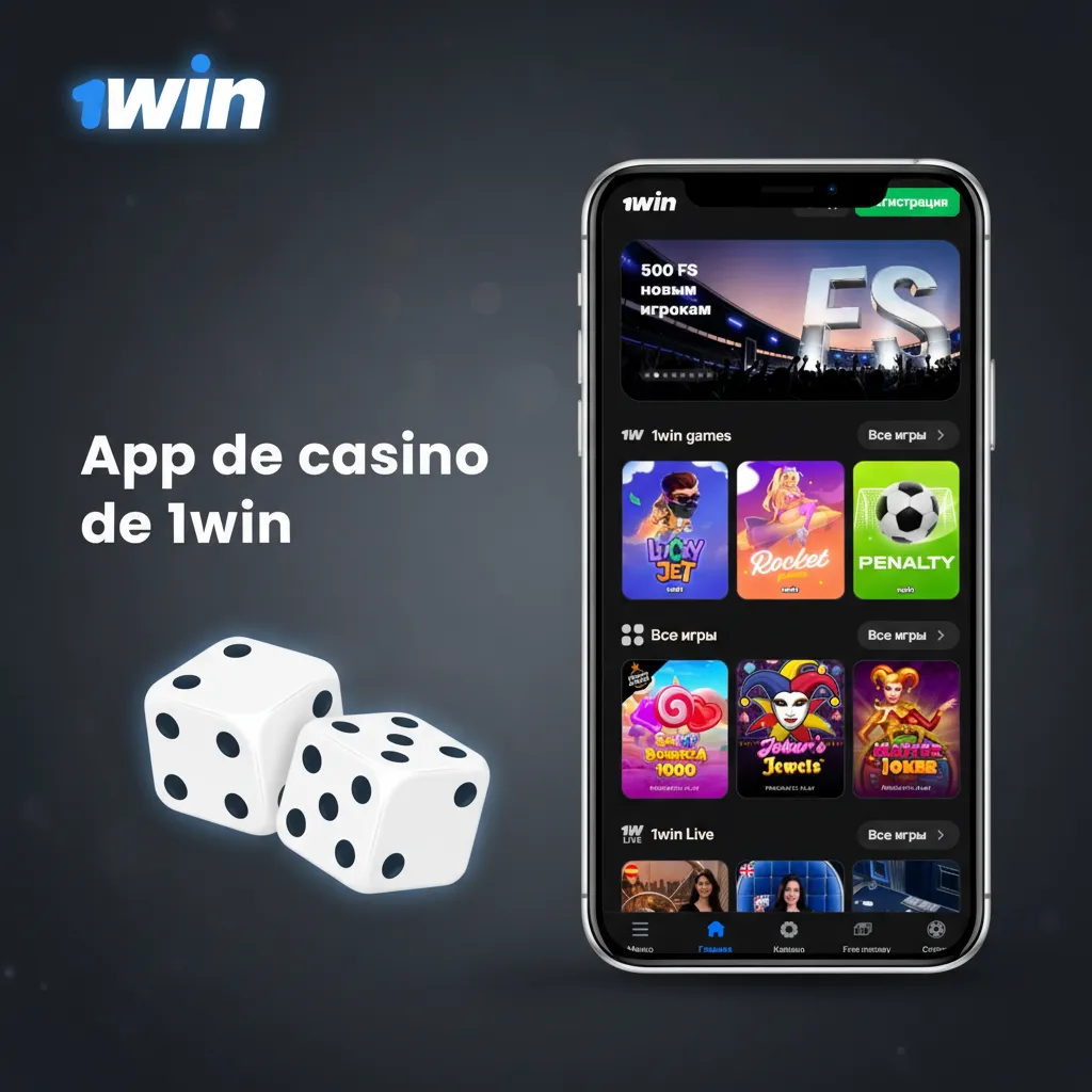 Pantalla de la app de casino 1win: acceso a en vivo, slots, ruleta y blackjack con crupieres, promos y torneos.