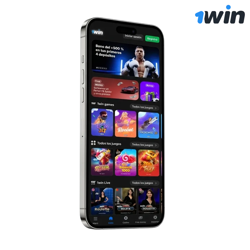 1win mobile app download page showing Android APK and iOS options with 500% welcome bonus up to 300,000 ARS